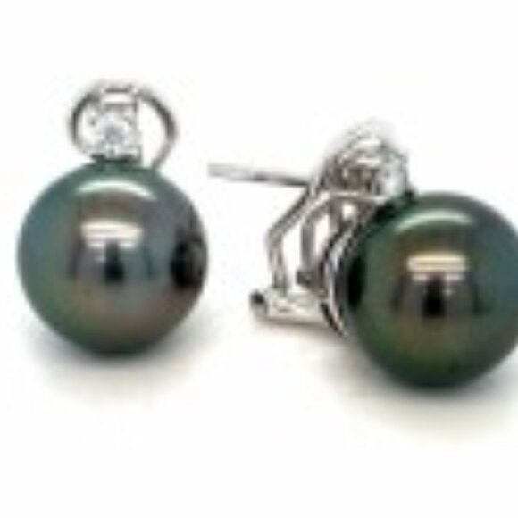 14k White Gold Black Pearl & Diamond Earrings - Picture 3 of 4